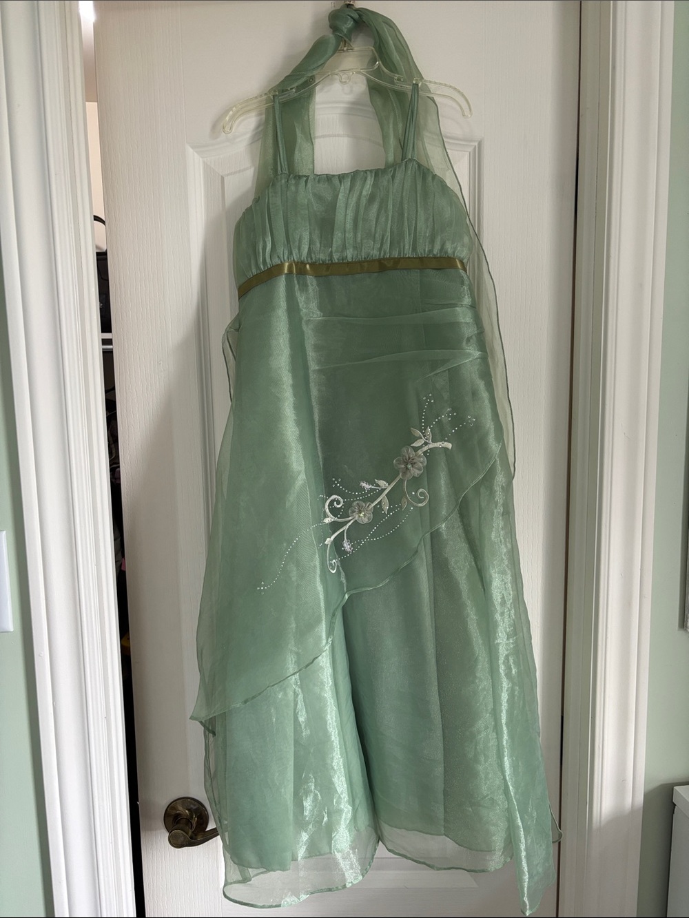 Girls' Sage Green Halter-Style Formal Dress with Gold Waist Trim